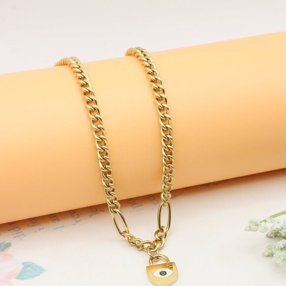 Bold Chunky Chain Necklace with Evil Eye Padlock Charm, XPNL0355 - Picture 8 of 13